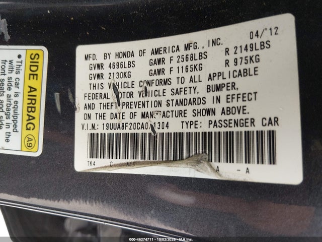46274711 :رقم المزاد ، 19UUA8F20CA031304 vin ، 2012 Acura Tl 3.5 مزاد بيع