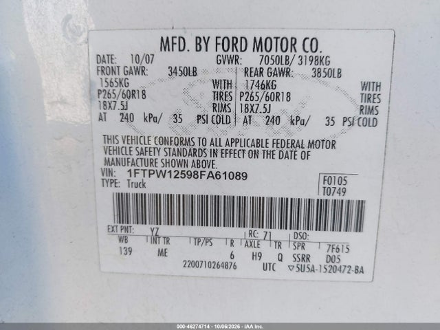 Aukcja sprzedaży 2008 Ford F-150 60th Anniversary/fx2/king Ranch/lariat/limited/xlt, vin: 1FTPW12598FA61089, numer aukcji: 46274714