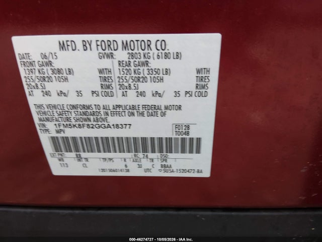 46274727 :رقم المزاد ، 1FM5K8F82GGA18377 vin ، 2016 Ford Explorer Limited مزاد بيع