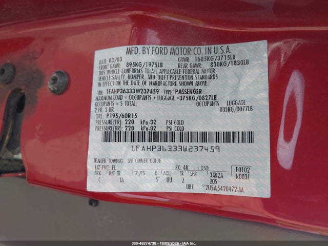 46274738 :رقم المزاد ، 1FAHP36333W237459 vin ، 2003 Ford Focus Se/ztw مزاد بيع