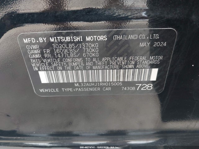 Продажа на аукционе авто 2024 Mitsubishi Mirage Es/le, vin: ML32AUHJ1RH015005, номер лота: 46274741