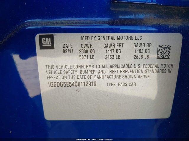 46274751 :رقم المزاد ، 1G6DG5E54C0112919 vin ، 2012 Cadillac Cts Luxury مزاد بيع