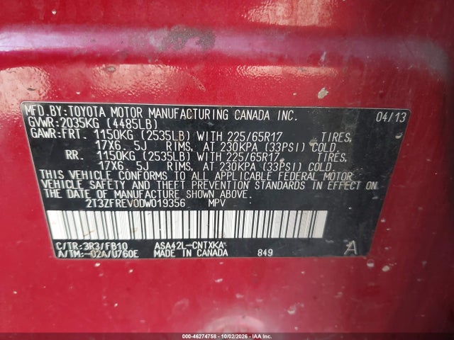 46274758 :رقم المزاد ، 2T3ZFREV0DW019356 vin ، 2013 Toyota Rav4 Le مزاد بيع
