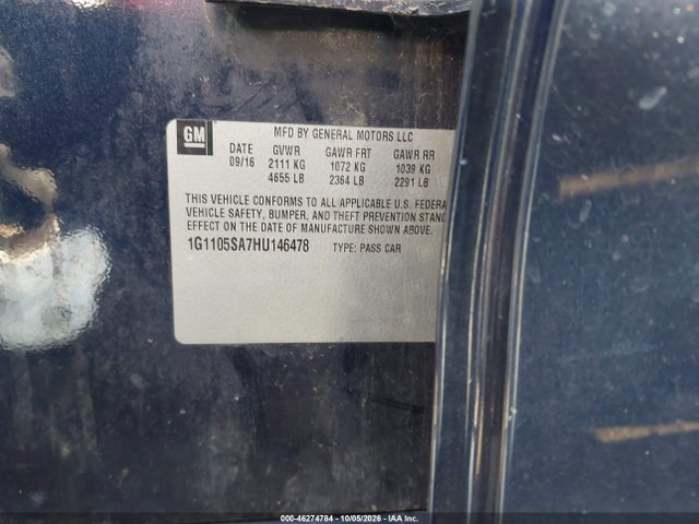 Продаж на аукціоні авто 2017 Chevrolet Impala 1lt, vin: 1G1105SA7HU146478, номер лоту: 46274784
