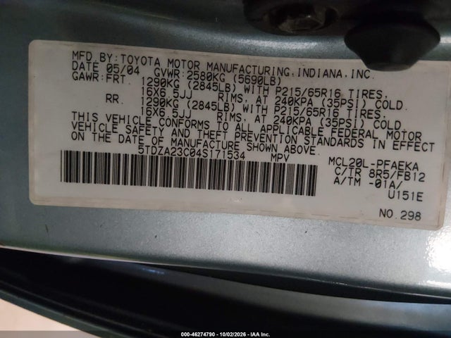 46274790 :رقم المزاد ، 5TDZA23C04S171534 vin ، 2004 Toyota Sienna Le مزاد بيع