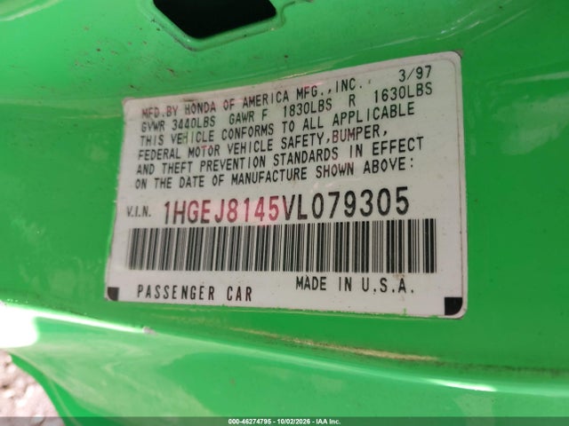 1997 Honda Civic Ex მანქანა იყიდება აუქციონზე, vin: 1HGEJ8145VL079305, აუქციონის ნომერი: 46274795