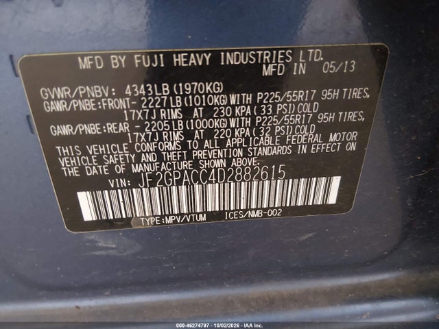 46274797 :رقم المزاد ، JF2GPACC4D2882615 vin ، 2013 Subaru Xv Crosstrek 2.0i Premium مزاد بيع