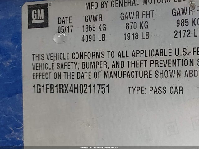 2017 Chevrolet Camaro 1lt მანქანა იყიდება აუქციონზე, vin: 1G1FB1RX4H0211751, აუქციონის ნომერი: 46274814