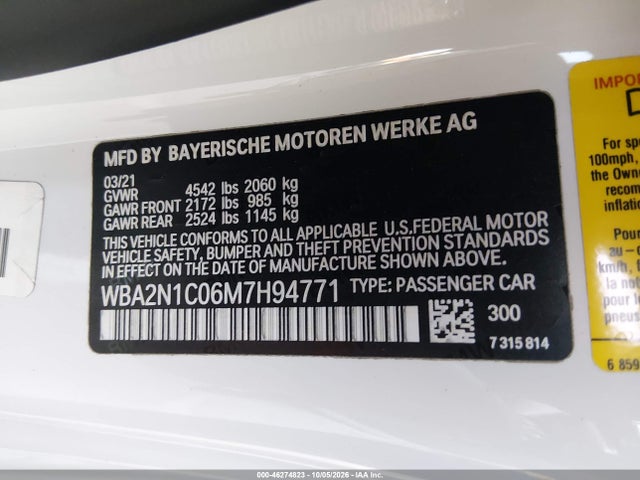 Aukcja sprzedaży 2021 Bmw M240i, vin: WBA2N1C06M7H94771, numer aukcji: 46274823