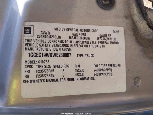Продаж на аукціоні авто 1998 Chevrolet C1500 Fleetside, vin: 1GCEC19WXWE230067, номер лоту: 46274831