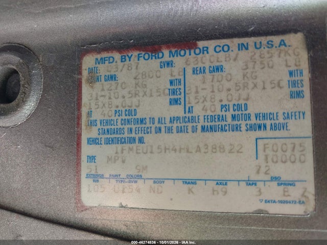 46274836 :رقم المزاد ، 1FMEU15H4HLA38822 vin ، 1987 Ford Bronco U100 مزاد بيع