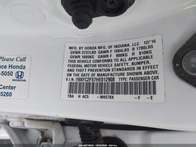 Aukcja sprzedaży 2017 Honda Civic Lx, vin: 19XFC2F57HE012908, numer aukcji: 46274840