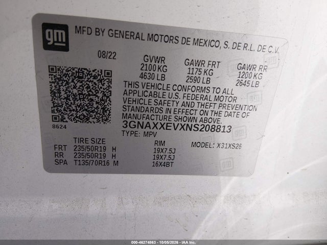 46274863 :رقم المزاد ، 3GNAXXEVXNS208813 vin ، 2022 Chevrolet Equinox Awd Premier مزاد بيع
