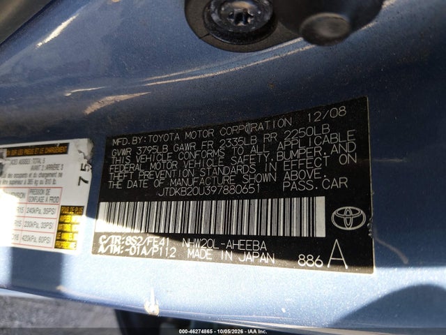 Продажа на аукционе авто 2009 Toyota Prius, vin: JTDKB20U397880651, номер лота: 46274865