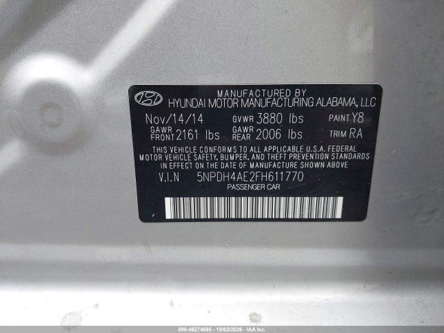 46274895 :رقم المزاد ، 5NPDH4AE2FH611770 vin ، 2015 Hyundai Elantra Se مزاد بيع