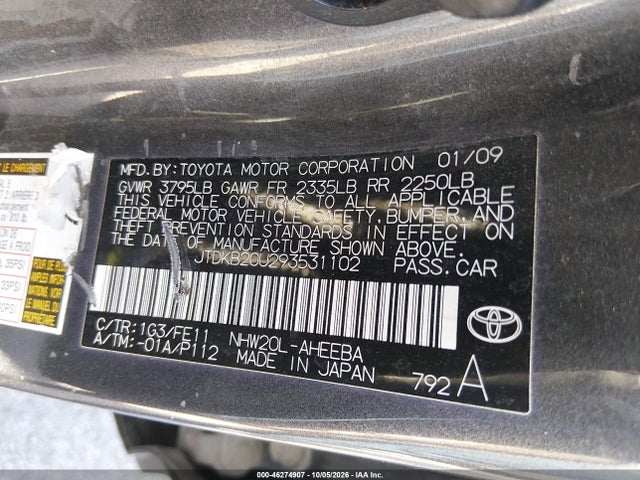 2009 Toyota Prius მანქანა იყიდება აუქციონზე, vin: JTDKB20U293531102, აუქციონის ნომერი: 46274907