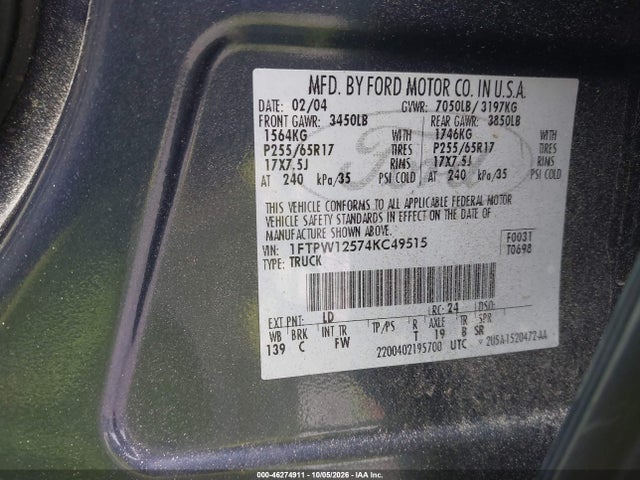 Aukcja sprzedaży 2004 Ford F-150 Lariat/xlt, vin: 1FTPW12574KC49515, numer aukcji: 46274911