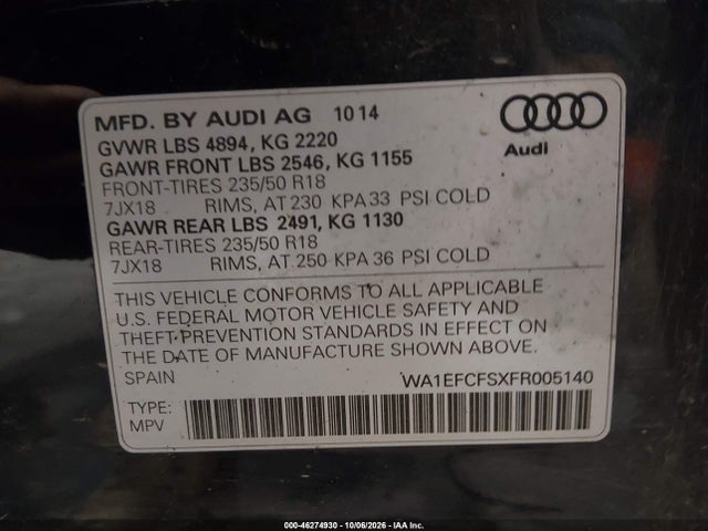 46274930 :رقم المزاد ، WA1EFCFSXFR005140 vin ، 2015 Audi Q3 2.0t Premium Plus مزاد بيع