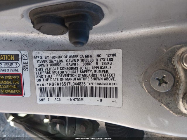 Продажа на аукционе авто 2007 Honda Civic Lx, vin: 1HGFA16517L044826, номер лота: 46274939