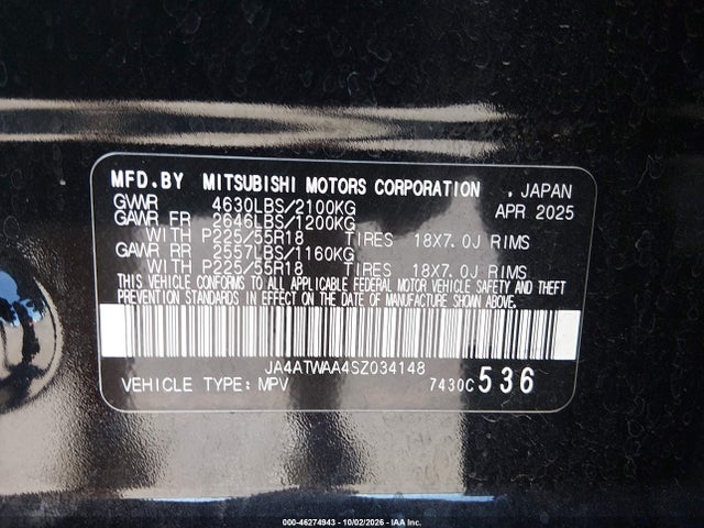 46274943 :رقم المزاد ، JA4ATWAA4SZ034148 vin ، 2025 Mitsubishi Eclipse Cross Black Edition S-awc/se S-awc/sel S-awc مزاد بيع