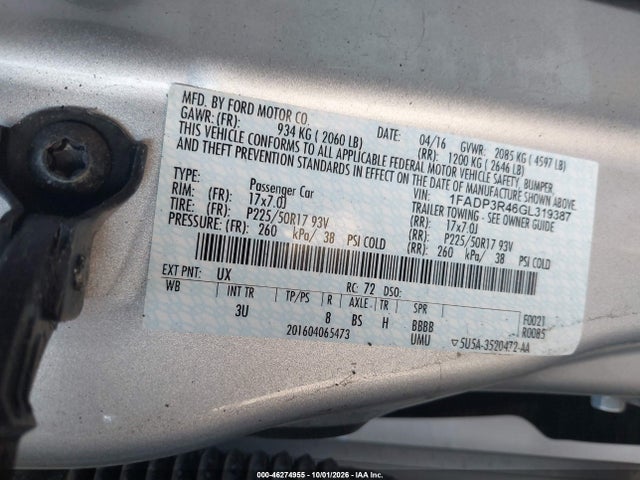 Aukcja sprzedaży 2016 Ford Focus Electric, vin: 1FADP3R46GL319387, numer aukcji: 46274955