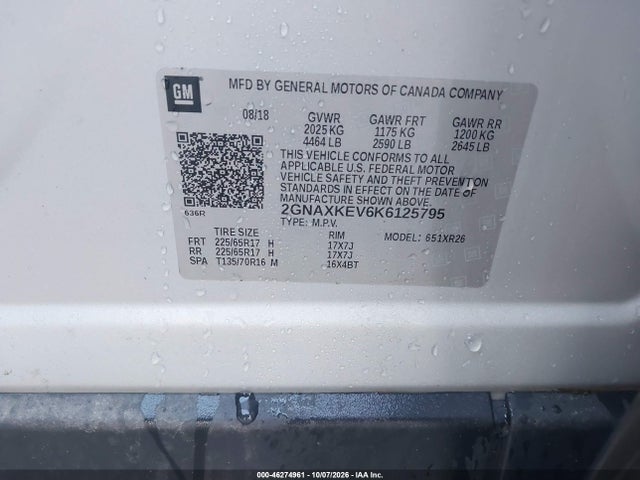 Aukcja sprzedaży 2019 Chevrolet Equinox Lt, vin: 2GNAXKEV6K6125795, numer aukcji: 46274961