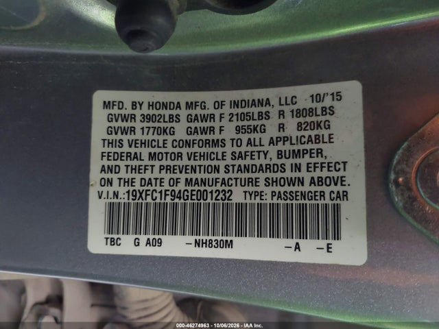 Продажа на аукционе авто 2016 Honda Civic Touring, vin: 19XFC1F94GE001232, номер лота: 46274963