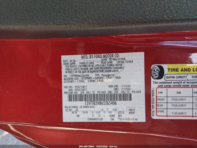 46274968 :رقم المزاد ، 1ZVFT82H865265406 vin ، 2006 Ford Mustang Gt مزاد بيع