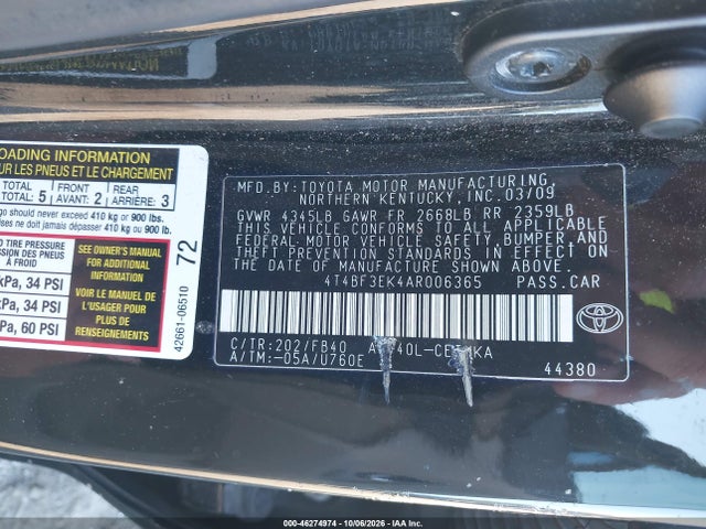 Продаж на аукціоні авто 2010 Toyota Camry Le, vin: 4T4BF3EK4AR006365, номер лоту: 46274974