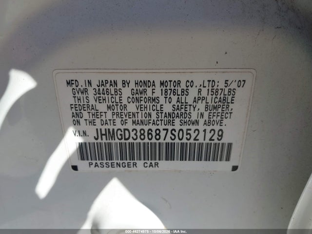 Продаж на аукціоні авто 2007 Honda Fit Sport, vin: JHMGD38687S052129, номер лоту: 46274975