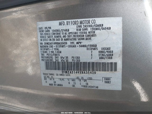 Продаж на аукціоні авто 1999 Ford Windstar Lx, vin: 2FMZA5149XBA35420, номер лоту: 46274999