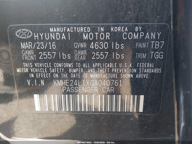 Aukcja sprzedaży 2016 Hyundai Sonata Hybrid Se, vin: KMHE24L1XGA040761, numer aukcji: 46275002