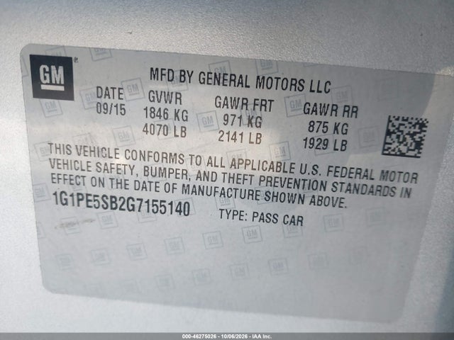 46275026 :رقم المزاد ، 1G1PE5SB2G7155140 vin ، 2016 Chevrolet Cruze Limited 1lt Auto مزاد بيع
