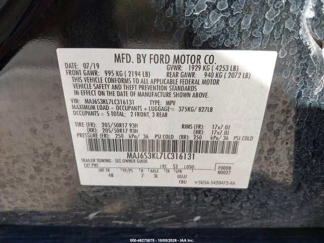 2020 Ford Ecosport Titanium მანქანა იყიდება აუქციონზე, vin: MAJ6S3KL7LC316131, აუქციონის ნომერი: 46275075