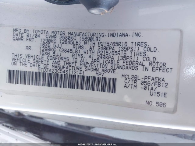 Продаж на аукціоні авто 2004 Toyota Sienna Le, vin: 5TDZA23C54S112141, номер лоту: 46275077