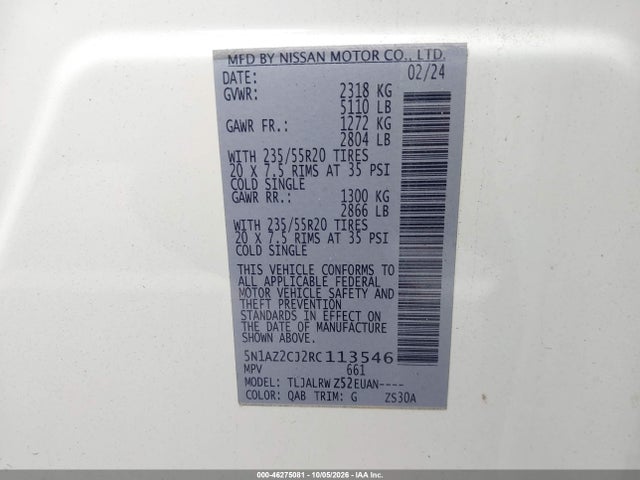 2024 Nissan Murano Sl Fwd მანქანა იყიდება აუქციონზე, vin: 5N1AZ2CJ2RC113546, აუქციონის ნომერი: 46275081