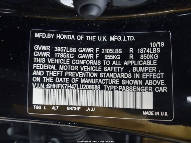 46275084 :رقم المزاد ، SHHFK7H47LU208689 vin ، 2020 Honda Civic Sport مزاد بيع