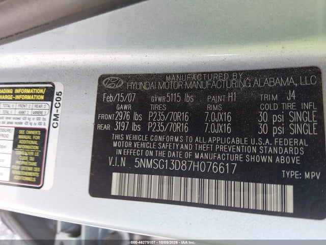 Продаж на аукціоні авто 2007 Hyundai Santa Fe Gls, vin: 5NMSG13D87H076617, номер лоту: 46275107
