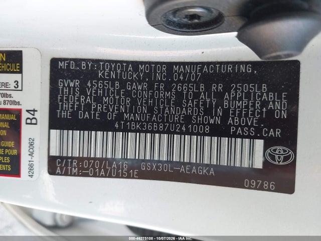 Aukcja sprzedaży 2007 Toyota Avalon Xls, vin: 4T1BK36B87U241008, numer aukcji: 46275108