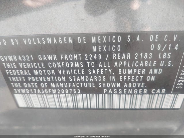 46275110 :رقم المزاد ، 3VWD17AJ0FM208753 vin ، 2015 Volkswagen Jetta 1.8t Se مزاد بيع
