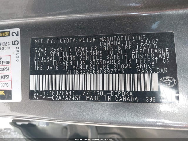 Продаж на аукціоні авто 2008 Toyota Corolla Ce, vin: 2T1BR32E68C897755, номер лоту: 46275119