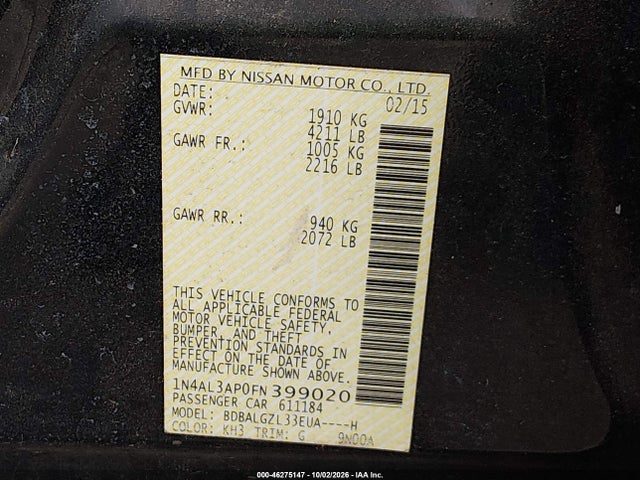2015 Nissan Altima 2.5 S მანქანა იყიდება აუქციონზე, vin: 1N4AL3AP0FN399020, აუქციონის ნომერი: 46275147