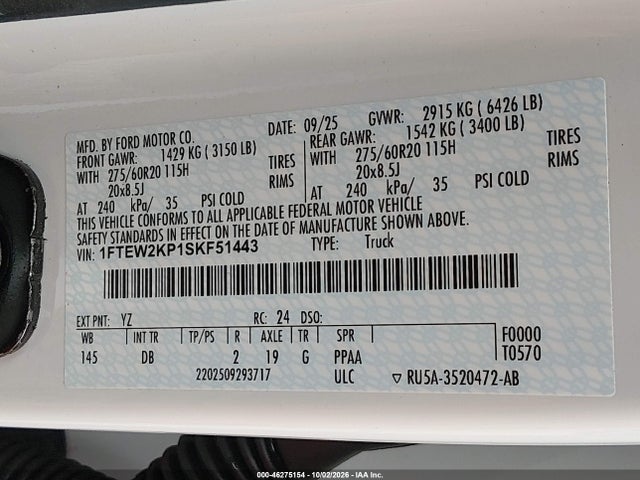 2025 Ford F-150 Stx მანქანა იყიდება აუქციონზე, vin: 1FTEW2KP1SKF51443, აუქციონის ნომერი: 46275154