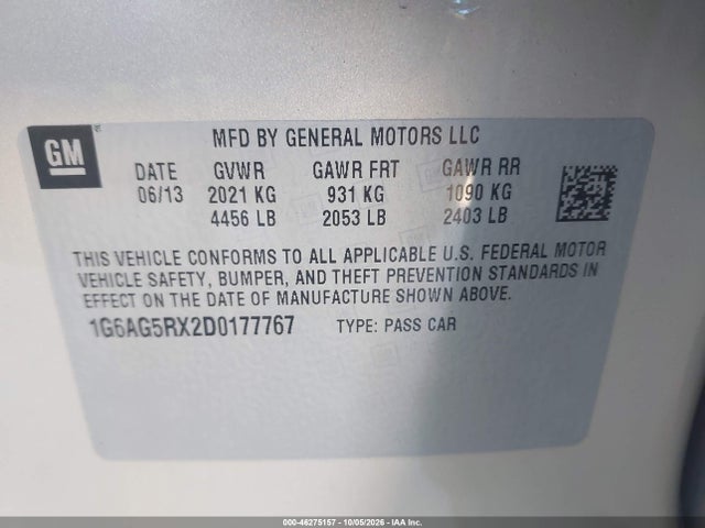 46275157 :رقم المزاد ، 1G6AG5RX2D0177767 vin ، 2013 Cadillac Ats Standard مزاد بيع