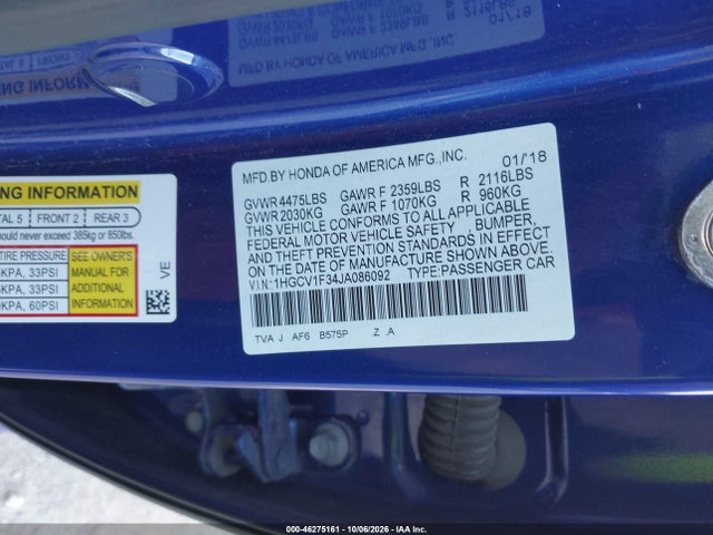Продажа на аукционе авто 2018 Honda Accord Sport, vin: 1HGCV1F34JA086092, номер лота: 46275161