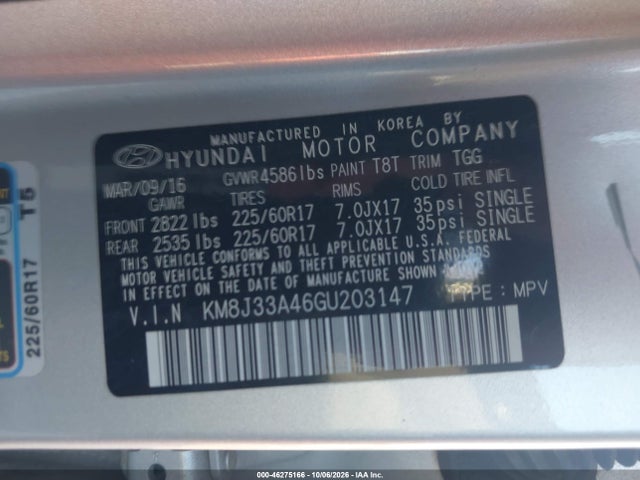 Продажа на аукционе авто 2016 Hyundai Tucson Se, vin: KM8J33A46GU203147, номер лота: 46275166