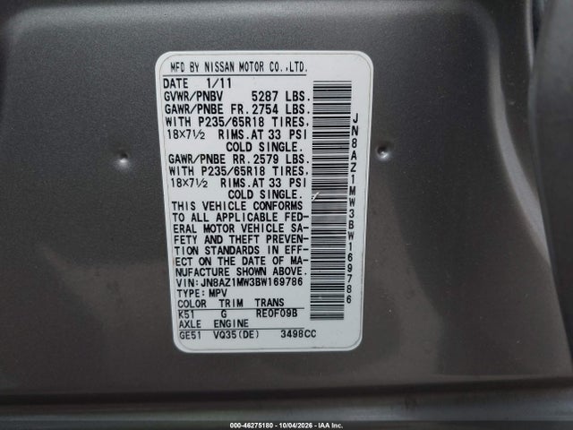 Продажа на аукционе авто 2011 Nissan Murano S, vin: JN8AZ1MW3BW169786, номер лота: 46275180