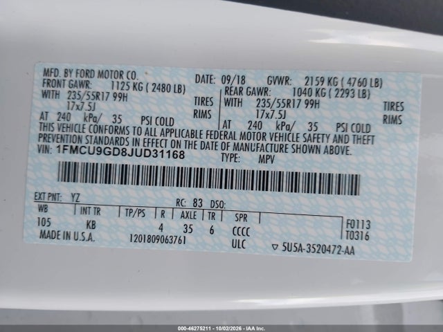 Aukcja sprzedaży 2018 Ford Escape Se, vin: 1FMCU9GD8JUD31168, numer aukcji: 46275211