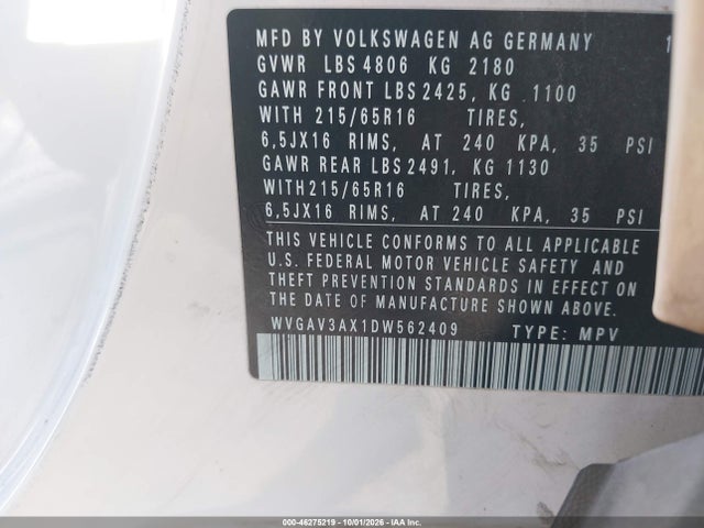 Aukcja sprzedaży 2013 Volkswagen Tiguan S, vin: WVGAV3AX1DW562409, numer aukcji: 46275219