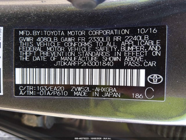 Aukcja sprzedaży 2017 Toyota Prius Prime Premium, vin: JTDKARFP2H3001840, numer aukcji: 46275223